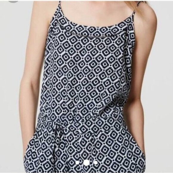 LOFT Jumpsuit S Navy Blue Geo Print Straight Leg Strappy - Picture 3 of 11